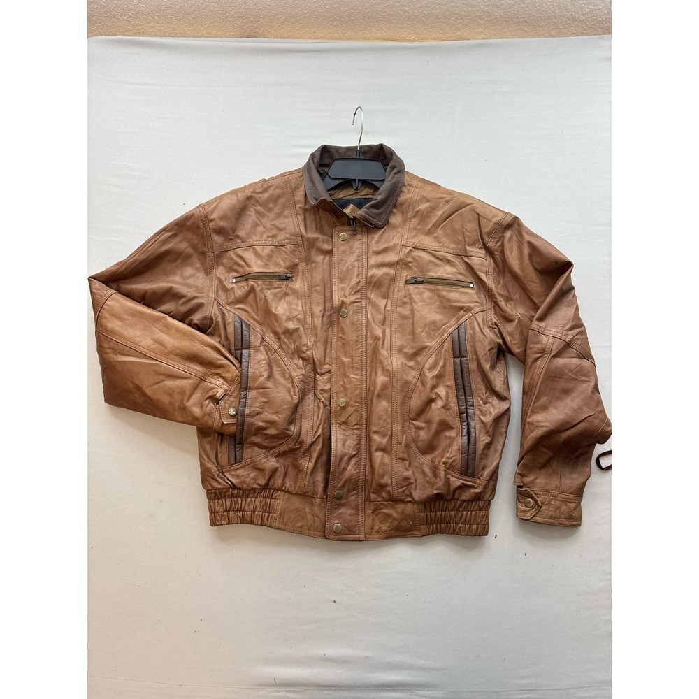 Weekends Vintage Mens Tan Brown Leather Bomber Jacket Full Zip Quilted Lined